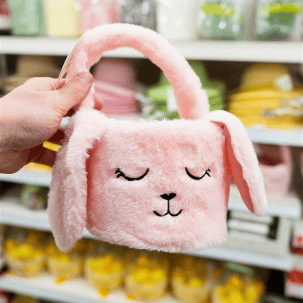 A pink, fluffy Easter bunny basket from Poundland.