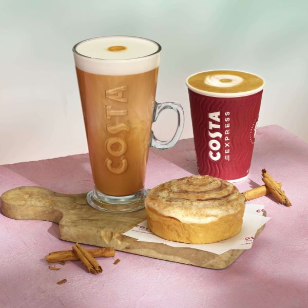 Cinnamon bun lattes and a cinnamon bun from Costa