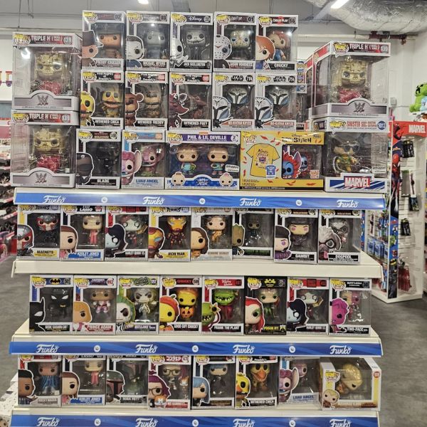 Shelves full of Pop Funko boxes in Toytown Lisnagelvin